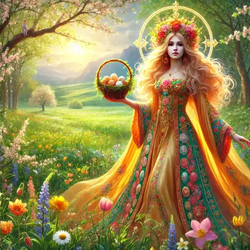 Goddess Ostara in a spring field, holding a basket of decorated eggs.